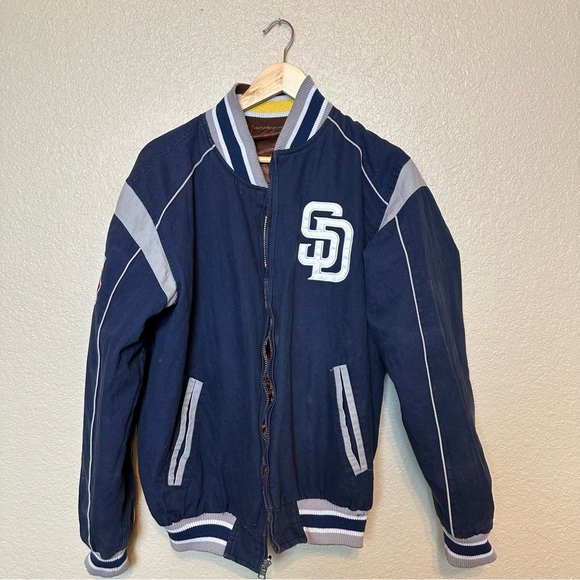 San Diego Padres Vintage Brown Satin Varsity Baseball Bomber Jacket Reversible - Picture 10 of 14
